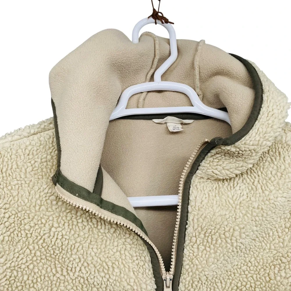 Lands End Kids Sherpa Fleece Hooded Jacket Beige Tan Full‎ Zip Size L 14-16